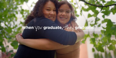 Mom and daughter hugging, text states "When you graduate, they graduate."