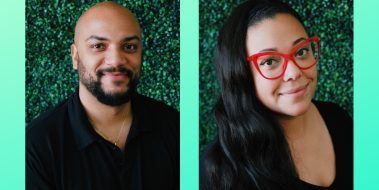a headshot of a man smiling and a headshot of a women with red glasses smiling, on a seafoam green background.